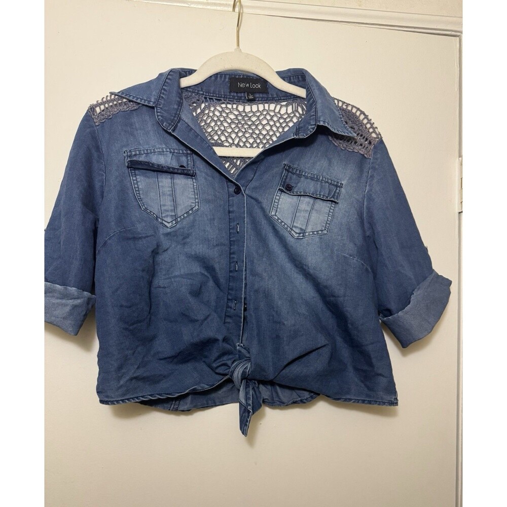 New Look Women’s Jean Shirt With Crochet Back And Tie Up Front Size L